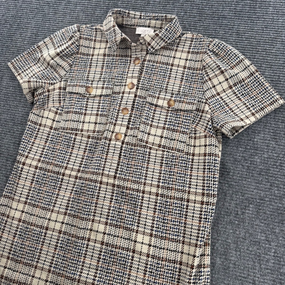 LOFT Outlet Plaid Shift Dress Womens 12 Brown Blue Short Sleeve Knit Mini Collar